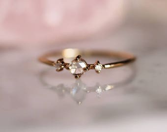 14K Gold & Rosecut Diamond Ring, "Moonlight Drive" Ring, 3 Stone Ring, Multi Stone Ring, Solid Gold, Dainty Jewelry, Boho, April, Birthstone