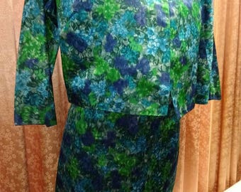 Mod! 1960s 2pc Emerald Floral Rayon Dress with Matching Jacket