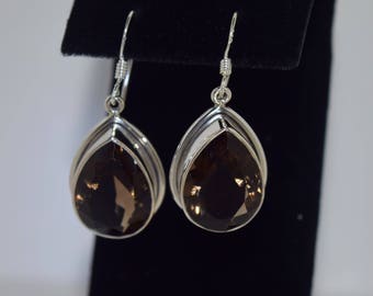 Smokey Quartz Earrings Sterling Silver Setting, with Sterling Silver Earwires