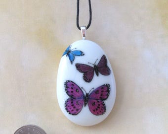 Hand painted Butterfly Pebble / Stone Pendant Necklace