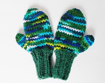 Multicolor Toddler Mittens, Hand Knit Warm Winter Clothing Girl or Boy, Blue Green, Preschool Kids Size 1 to 2 Years, Child Birthday Gift