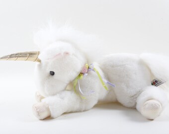 Aurora Plush Unicorn, Horse, Soft, Plush, Toy, Doll, White, Ribbon, Urora, Animal, Children, Collection, Vintage, Nostalgia ~ 161121