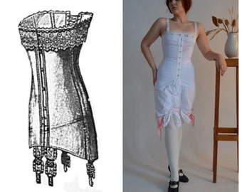 Edwardian corset style; WWI corset; Mid-bust 1910's Corset in white jersey; Edwardian long line corset;