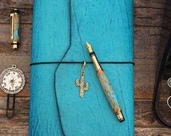 Turquoise Leather -Leather Travelers Notebook - Journal - Leather Quill - Planner - Art Journal - Traveler Journal - Free USA Shipping