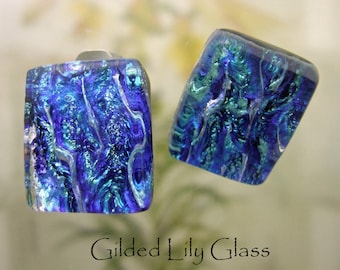 Starry Night Dichroic Glass Clip Earrings, Handmade Fused Glass Jewelry from North Carolina