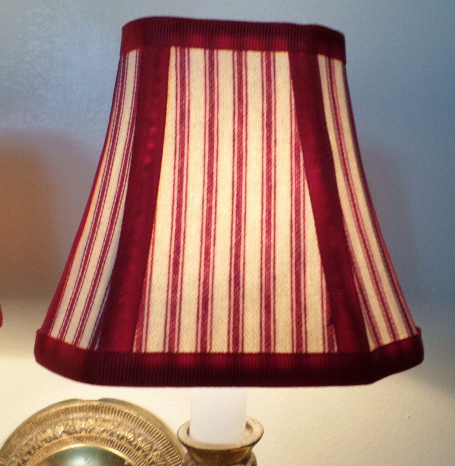 French Country Chandelier Shades In A Fresh Red Pillow Ticking Zoom