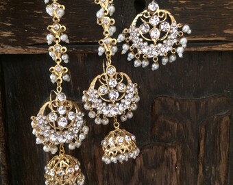 Hyderabadi Jewelry set pearls indian jhumar tikka passa Pakistani designer jewellery Adaa Jewels Nizam semi precious gold plated