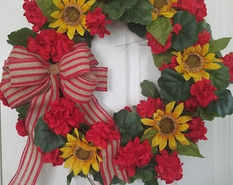 Red Geraniums and Sunflower Wreath