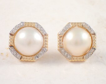 14K Yellow Gold Mother of Pearl and Diamond Earrings, Vintage Earrings, Pearl Earrings, Cluster Earrings, Estate Jewelry
