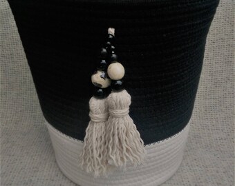 Black and white rope coil basket with matching beaded tassels