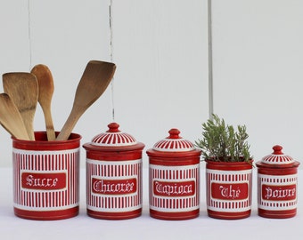 French vintage red enamel kitchen canister set