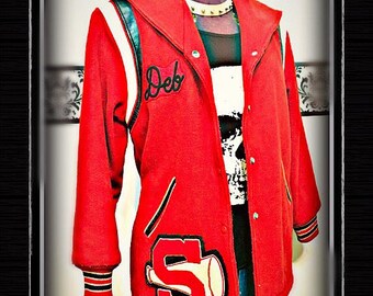 1980's Plus Brick Red Wool Women's Varsity Jacket, 80's Vintage Letterman Coat, Rockabilly Large XL, Rockabilly Vintage Letterman Jacket
