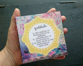 SALE! 4x4" Original Art Block, Original Collage, Original Mixed Media Art, 4x4x7/8", Inspirational Art, Word of the Year - Gratitude