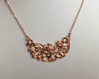 Rose Gold Bib Necklace, Bib necklace, bridesmaids gift, floral pendant, rose gold jewelry,