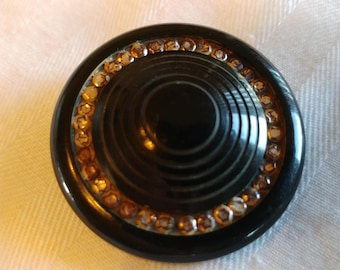 Carved Bakelite Vintage Rhinestone Cape Button-1 7/16th inch