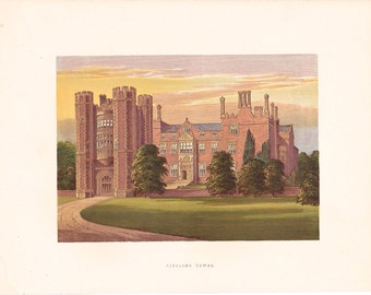 Antique Woodblock Print - "Kirtling Tower" - 1880 English Country House - Home Decor Print to Frame, Stately Home, Cambridgeshire, England