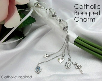 Catholic Bouquet Charm Miraculous Medal Crucifix Jesus Our Lady Holy Spirit St. Joseph Something Blue Wedding Bride Bridal Marriage Flowers