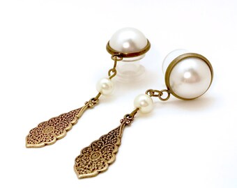 6g to 5/8" Wedding Dangle Plugs Bronze Vintage Style Dangle Gauges with Ivory Pearls Gauged Earrings 2g 4g 0g 00g 000g 7/16" 1/2" 9/16"