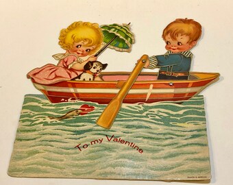 Vintage Valentine Card, Girl and Boy, Boston Terrier, Row Boat, Charles Twelvetrees Valentine, 1920's Mechanical Die Cut Valentine,Germany