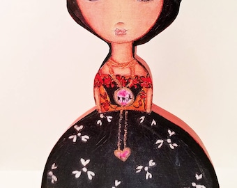 Frida - Thinking of Love - Wooden Doll - ( 7.5 inches) Folk Art by FLOR LARIOS