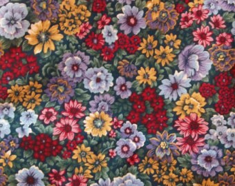 nos fabric remnant of rich bold florals in hunter green, burgundy, and maize yellow