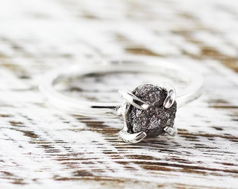 Grey Diamond Ring Engagement Sterling Silver Unique Claw Setting Raw Uncut Rough Diamonds Jewellery Rings