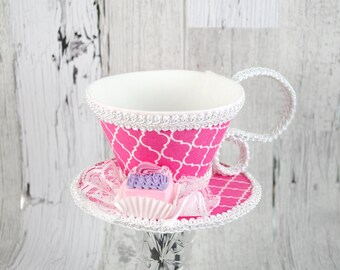 Pink and White Quatrefoil with Pink and Purple Petit Four Tea Cup Fascinator Hat, Alice in Wonderland Mad Hatter Tea Party, Derby Hat