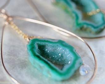 Druzy Earrings, Drusy Earrings, Gold Hoop Earrings, Geode Earrings, Green Druzy Earrings, Clothing Gift, Agate Earrings, Gem Slice Earrings