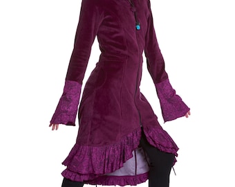 PURPLE VELVET COAT, long velvet coat, elegant steampunk jacket, corset coat, bohemian coat, hippie hippy velvet jacket, gothic purple jacket
