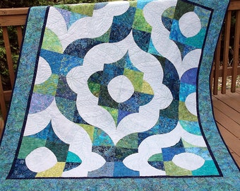 Modern Twin Quilt, Handmade Single Bed Quilt, Ready to Ship, Twin Size Quilt, Twin Bed Quilt, Twin Bedding, Blue Aqua Green Batik, Grey Gray