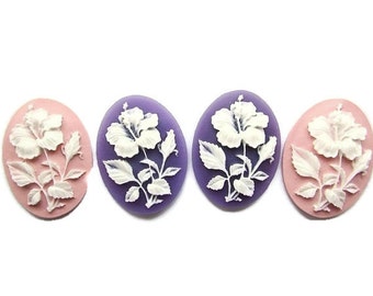 2pcs Hibiscus Acrylic Cameo 40 x 30 mm Purple Soft Pink Resin Cameo Oval Cameo Flat back Jewelry making Supplies