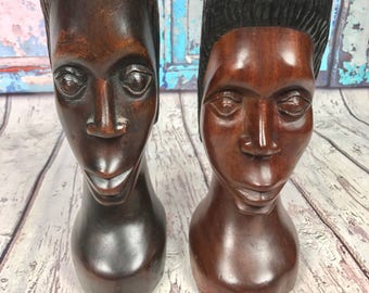 2 Mid Century Modern African Heads Sculptures Wood Figurine Book Ends Ethnic Art
