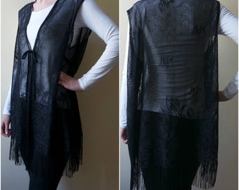 Vintage Black Lace Vests, Lace Vest With Fringe, Boho Vest, 1990s