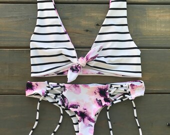 REVERSIBLE Orchid Floral and Striped Lace Up Bikini Set - Knot Tie Top is Adjustable - Brazilian Cut - Cheeky Bikini Set -