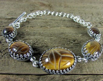 Tiger Eye Egyptian Scarab & Sterling Silver Bracelet, Sterling Silver Jewelry, Handmade Egyptian Jewelry
