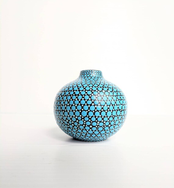 Bud vase hand painted ceramic bud vase black and blue dots
