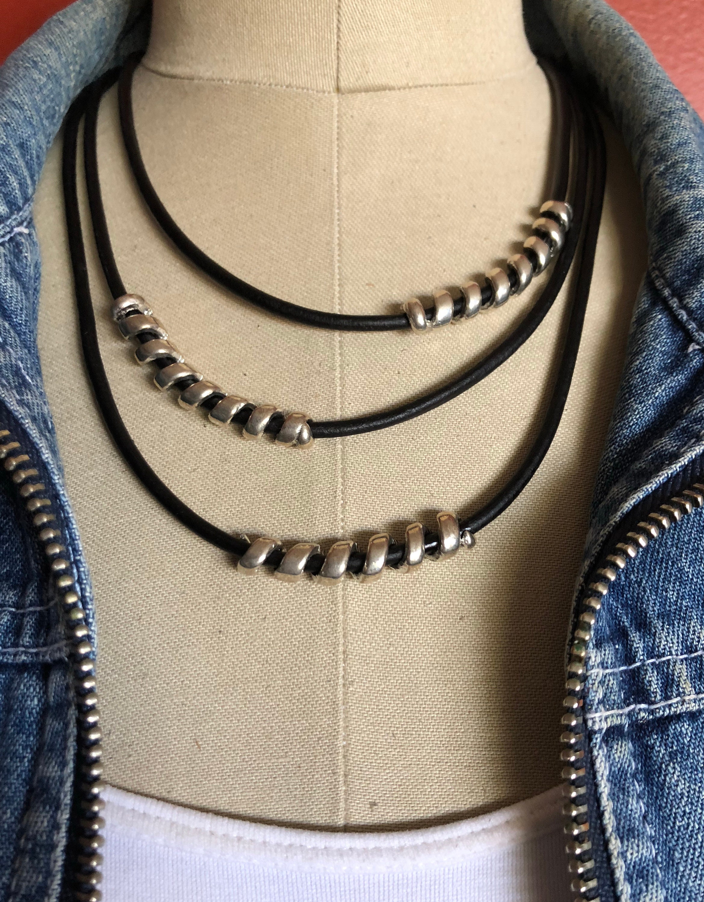 Leather Necklace Black Leather Necklace Layered Necklace 9984