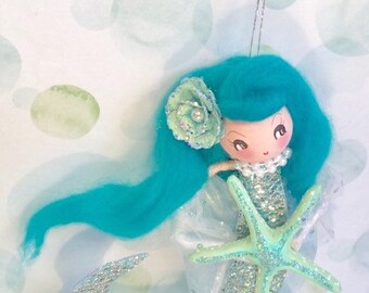 Mermaid doll mermaid ornament vintage atomic retro inspired mermaid party decor art doll starfish beach coastal nautical
