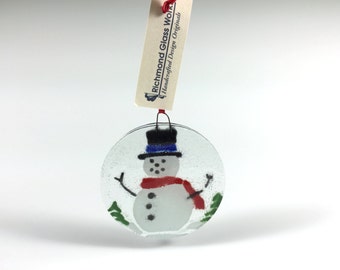 Snowman Ornament, Fused Glass, Christmas Ornament, Winter Decor, Suncatcher