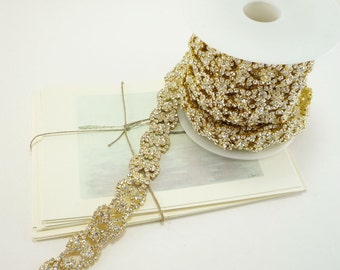 Gold Rhinestone Luxury Border Trim, Clear Crystal Trim, Wedding Rhinestone Trim, Rhinestone Chain, Rhinestone Applique, 25mm ( 1 Feet Qty)