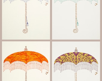 Vintage parasol fashion illustration wall art. Victorian bedroom decor. Original hand embroidery cut paper art. Boudoir gallery wall decor