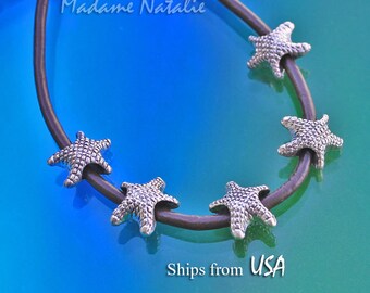 Starfish Big Hole Beads (8) Fit 4 mm Leather Cord, Antique Silver Starfish Beads, Europen Style Beads, Ocean Life Beads, Starfish Bracelet