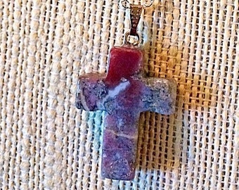 Sterling silver Natural Genuine INDIAN Agate CROSS Pendant Necklace - Sterling Silver 18" Chain - Natural Stone Necklace - AGATE -