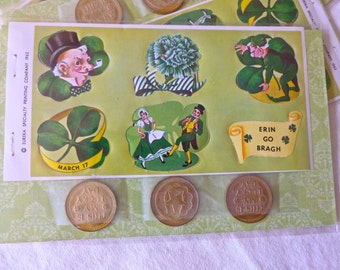 Vintage Stickers, St. Patrick's Day, Brass Lucky Coins, Irish Erin Go Bragh, Brass Tokens, St. Patrick, March 17th, Horseshoe Coins