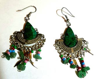 silver and green dangle earrings
