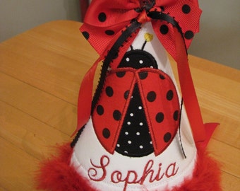 red ladybug birthday party hat, Girls first birthday hat,smash cake hat,1 st birthday hat, 2nd birthday hat name included