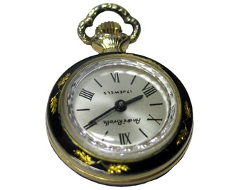 Womans 17 Jewel Watch Pendant Works - Black Enamel Watch with Gold Leaf Engraved Design - Andre Rivalle Mechanical Watch - Watch Necklace