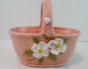 Vintage Ceramic Pink Basket with Blossoms by Takahashi Made in Japan.