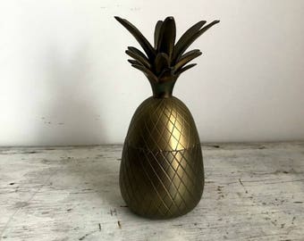 Vintage 7" brass pineapple container candle holder box lidded Hollywood Regency