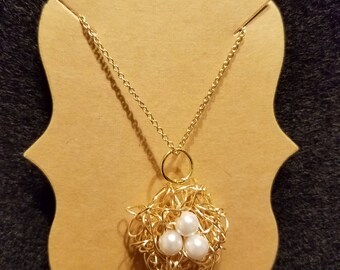 White Pearl Bird's Nest Charm Necklace
